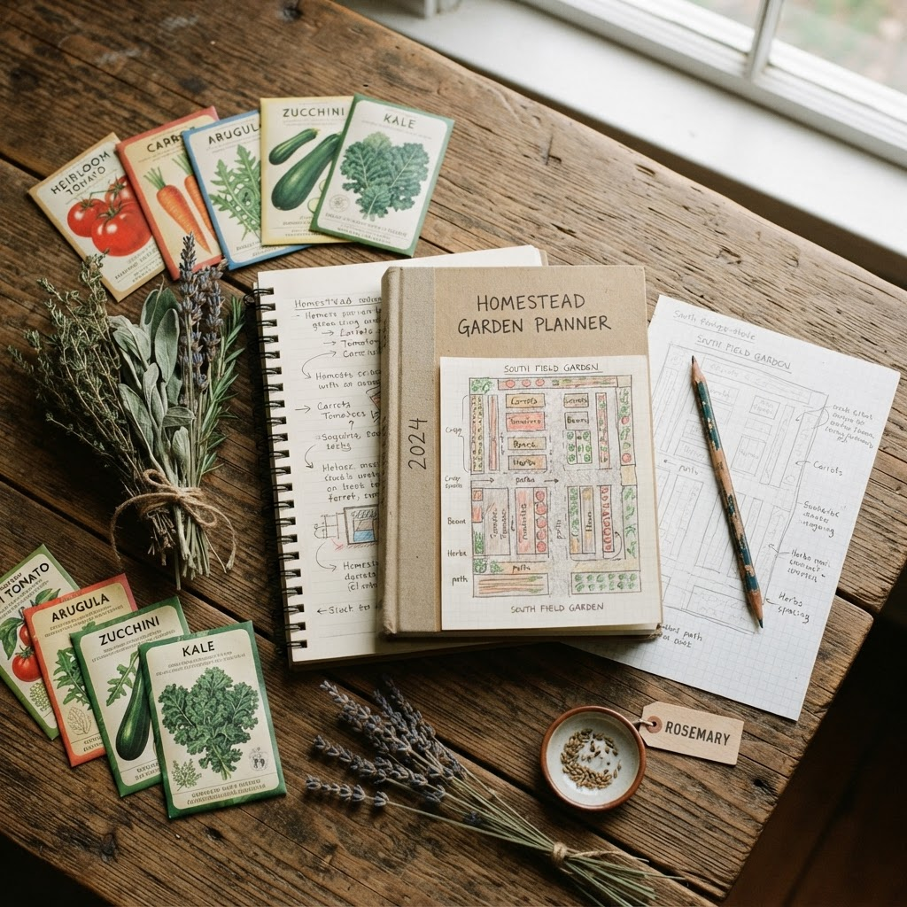 Homestead planning notebook with garden layout sketches and seed packets