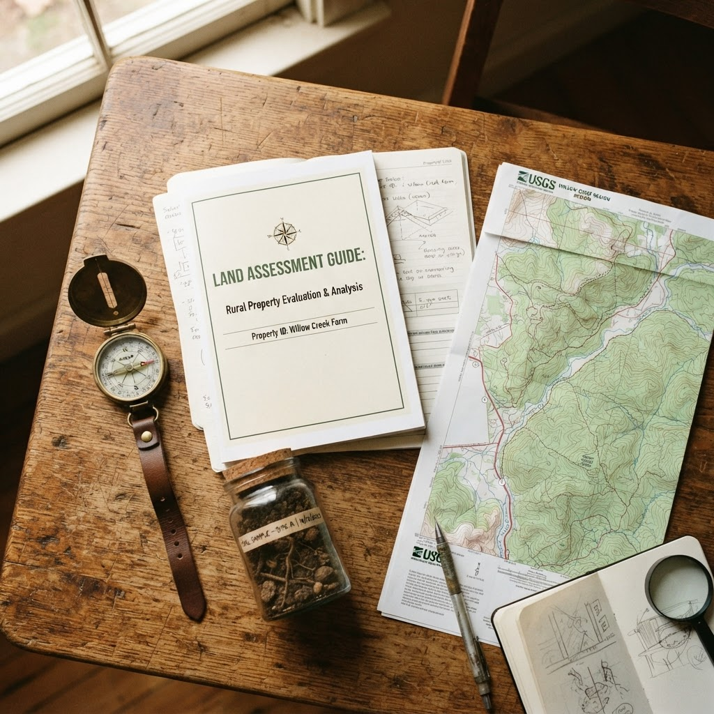Land assessment guide booklet with compass and soil sample on a wooden table
