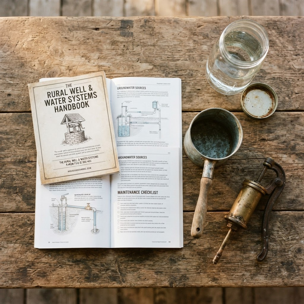 Well and water systems guide booklet with a metal dipper and jar of water