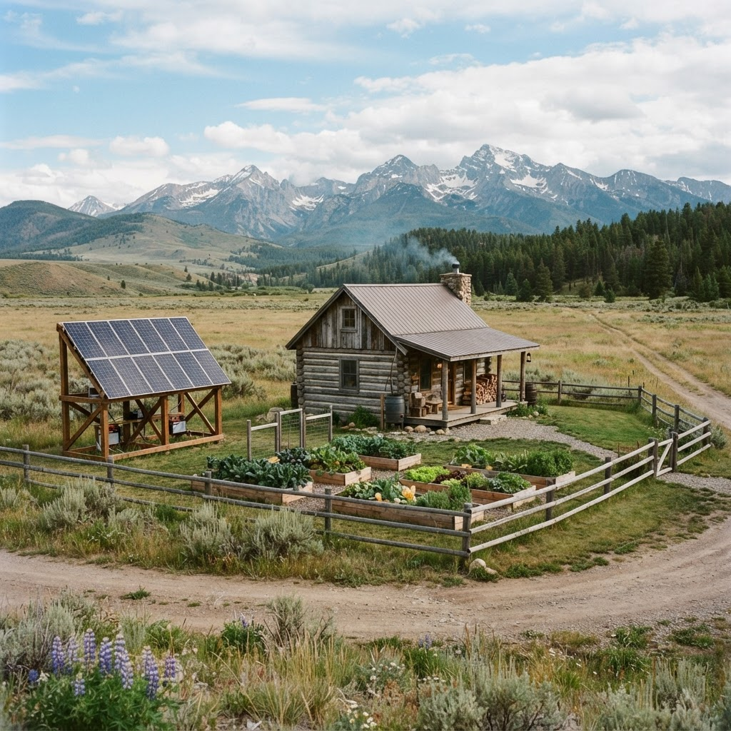 Off-grid cabin homestead with solar panels and raised garden beds on rural acreage