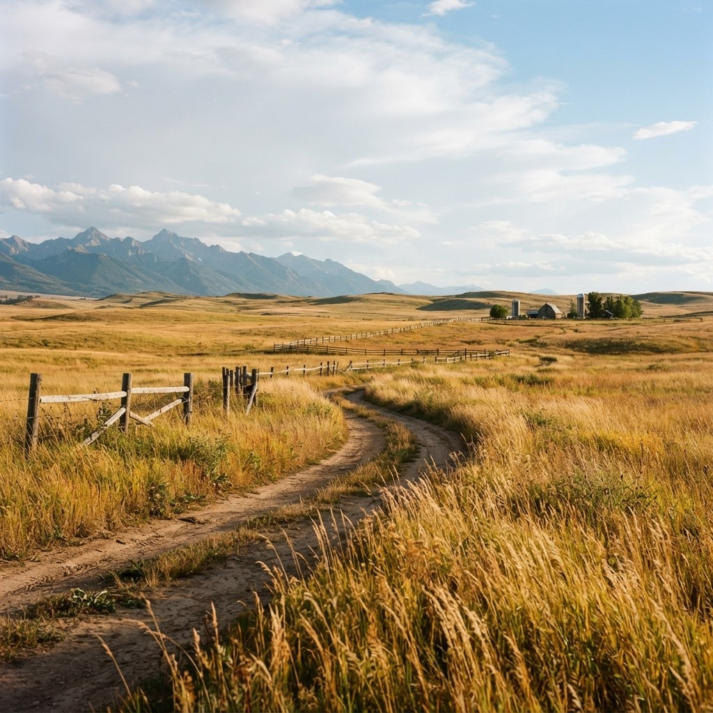 Open rural farmland acreage with tall grass and a dirt access road